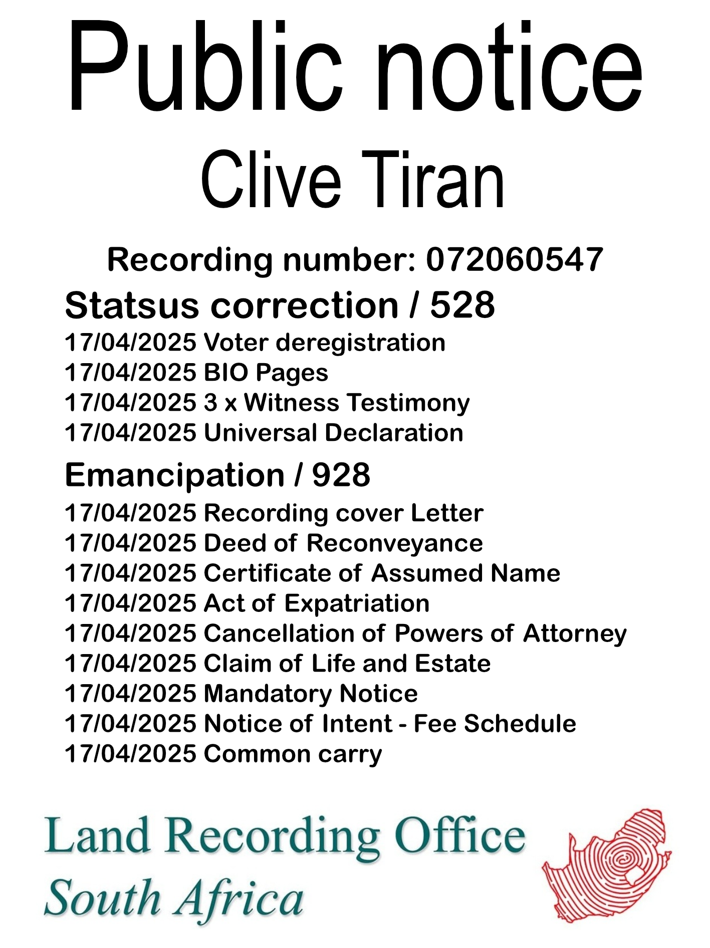 Public Notice Clive Tiran (c) Recording number 072060547